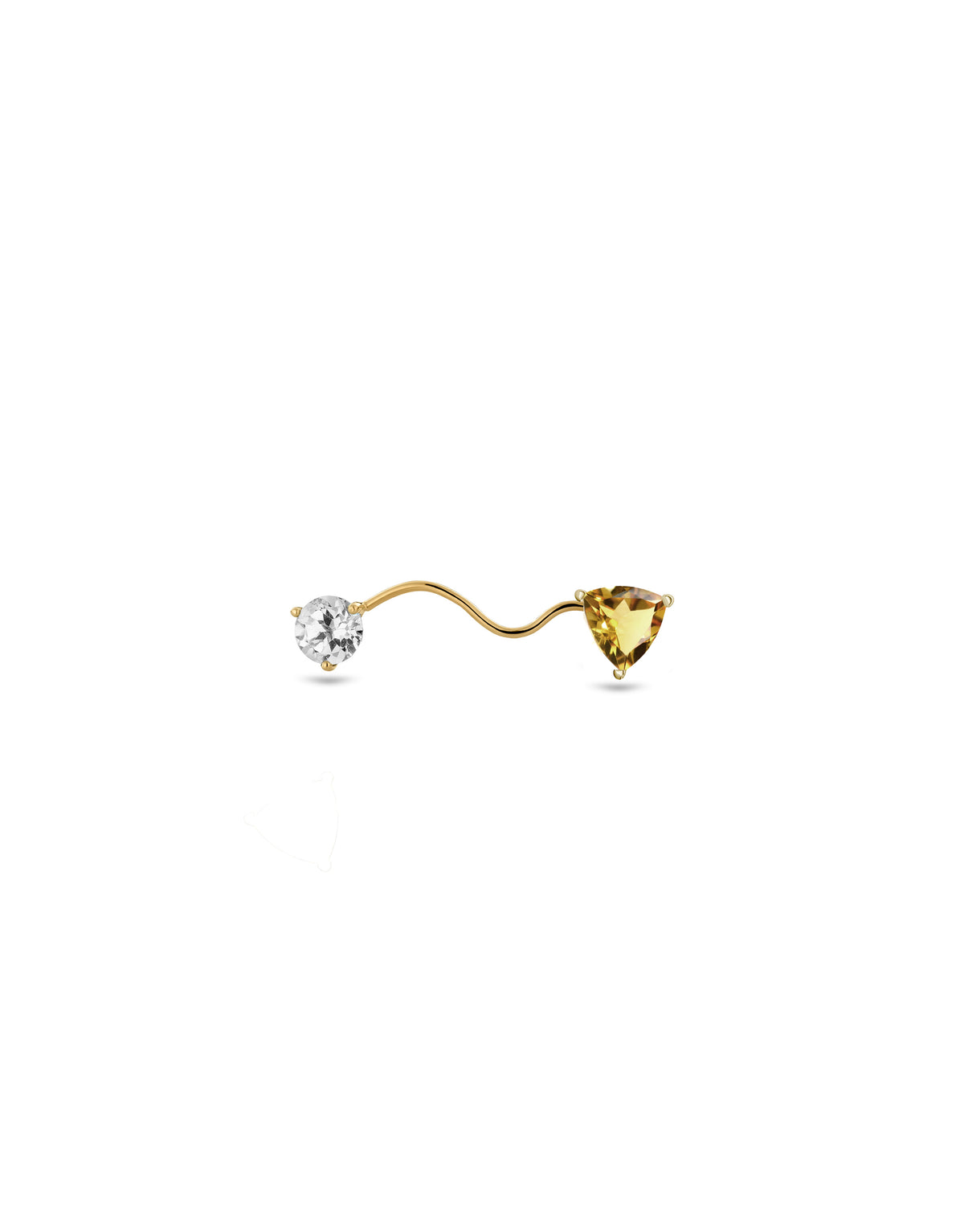 Eloise Earring in 18k gold with one round-cut topaz and one trillion-cut citrine by Nayestones Belgian fine jewelry.