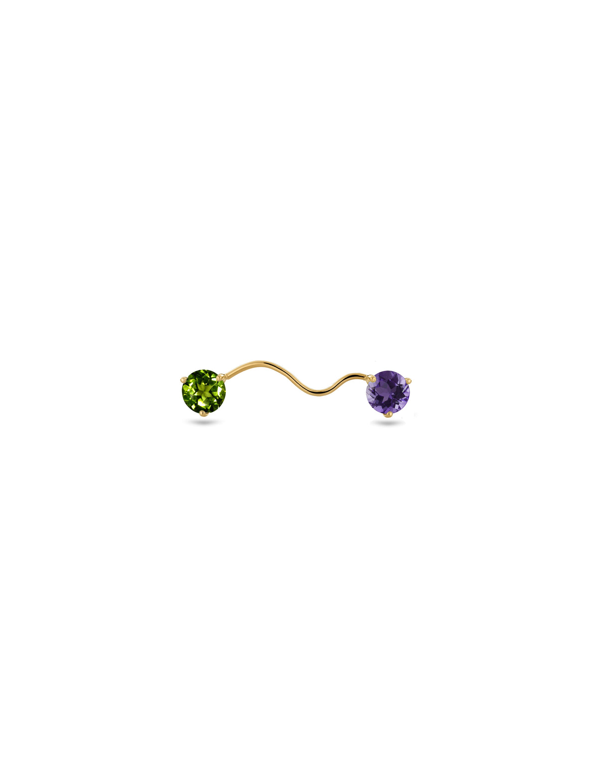 Eloise Earring in 18k yellow gold with one round cut purple amethyst and one green round peridot by Nayestones, Belgian jewelry.