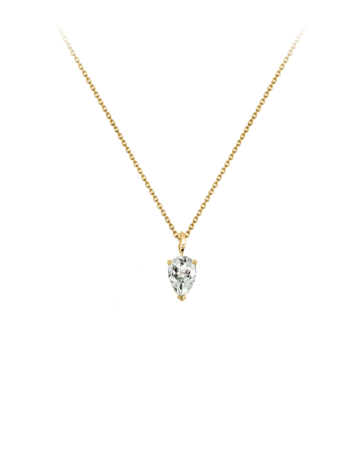 Bloom Necklace in 9K yellow gold with a pear cut green amethyst stone by Nayestones, Belgian fine jewelry.