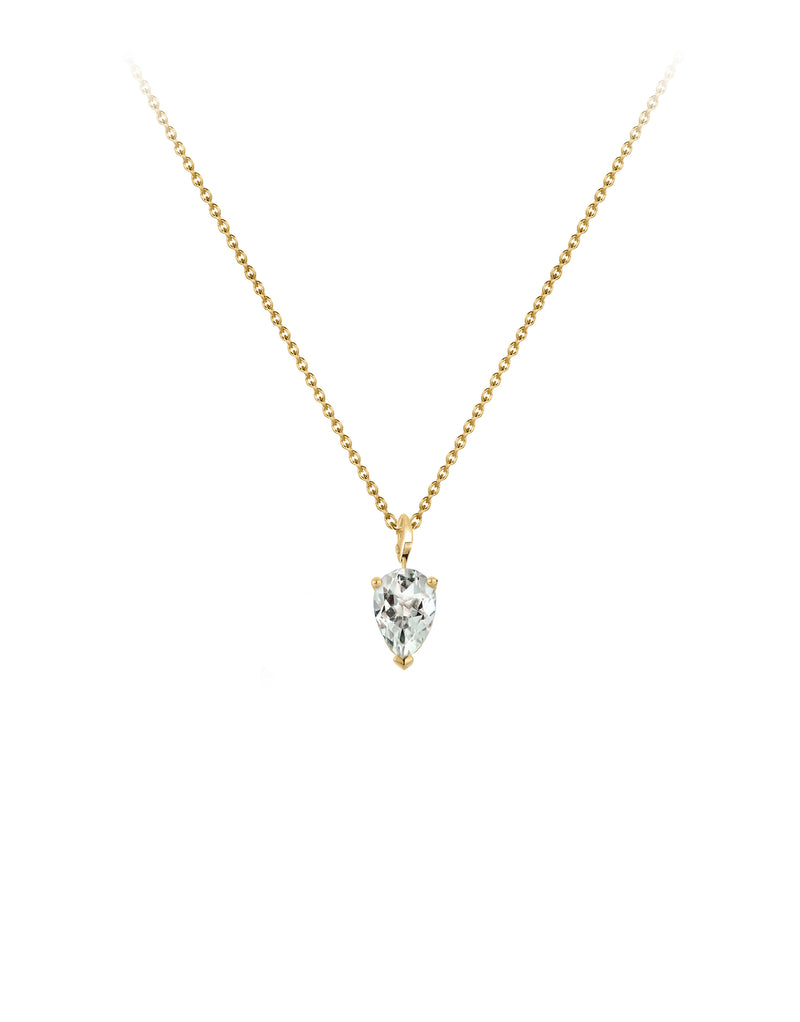 Bloom Necklace in 9K yellow gold with a pear cut green amethyst stone by Nayestones, Belgian fine jewelry. Nayestones