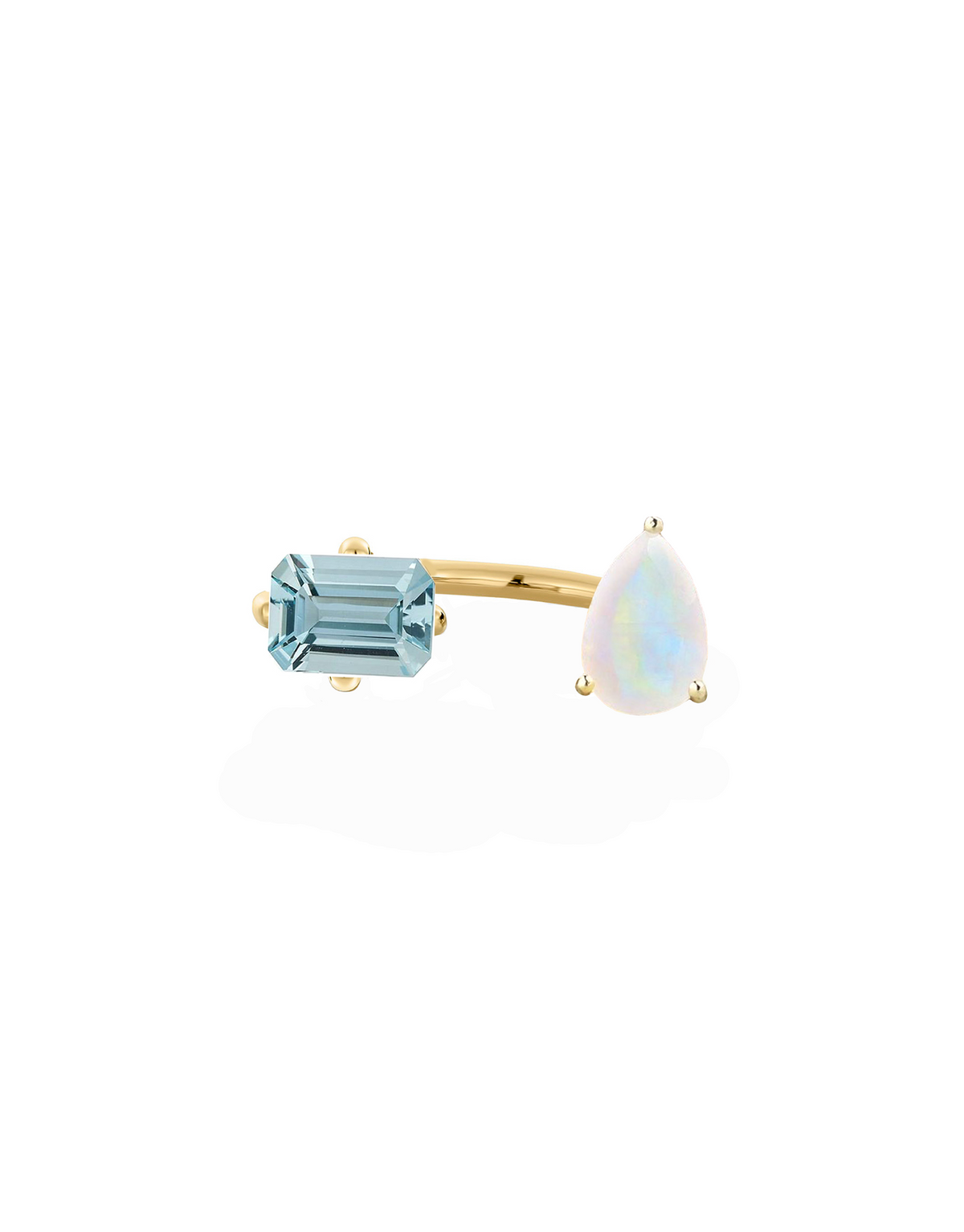 Double Octogone Ring in 9K yellow gold with one pear-cut moonstone and one octagon-cut aquamarine by Nayestones, Belgian fine jewelry.