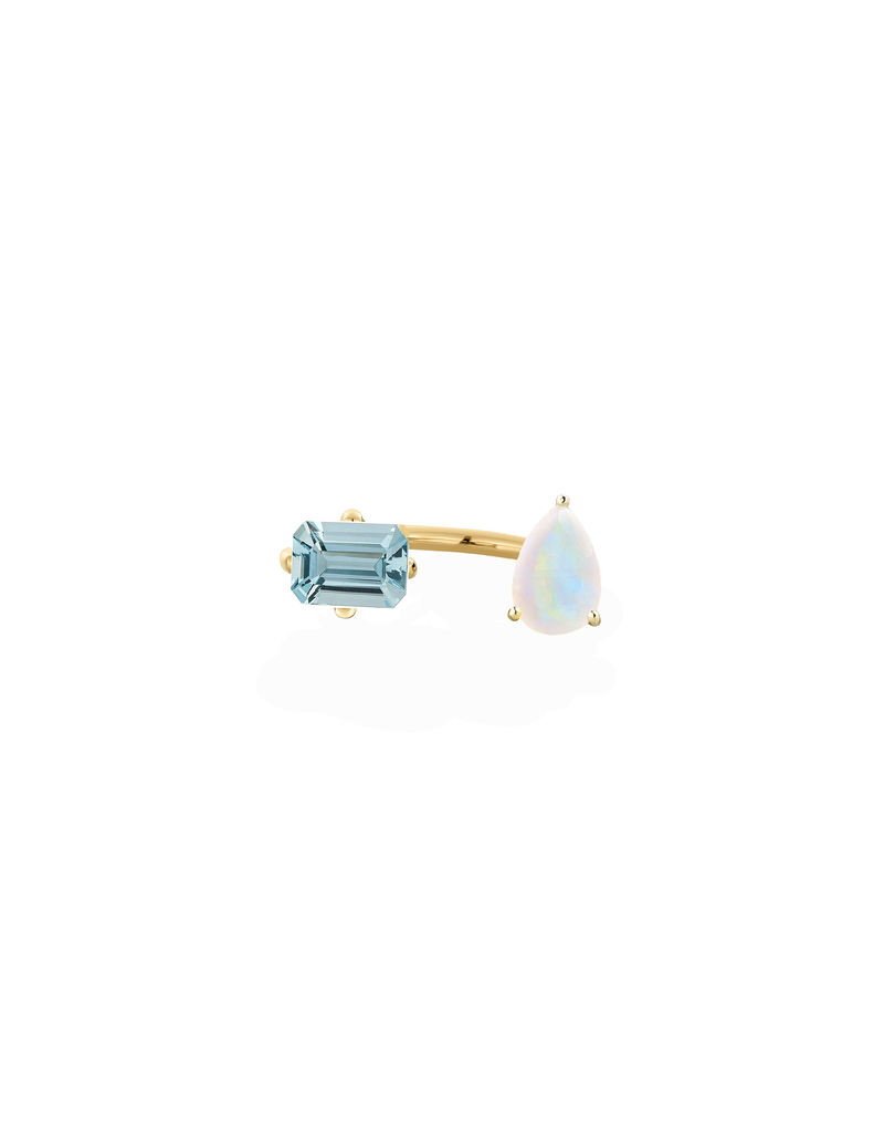 Double Octogone Ring in 9K yellow gold with one pear-cut moonstone and one octagon-cut aquamarine by Nayestones, Belgian fine jewelry. Nayestones
