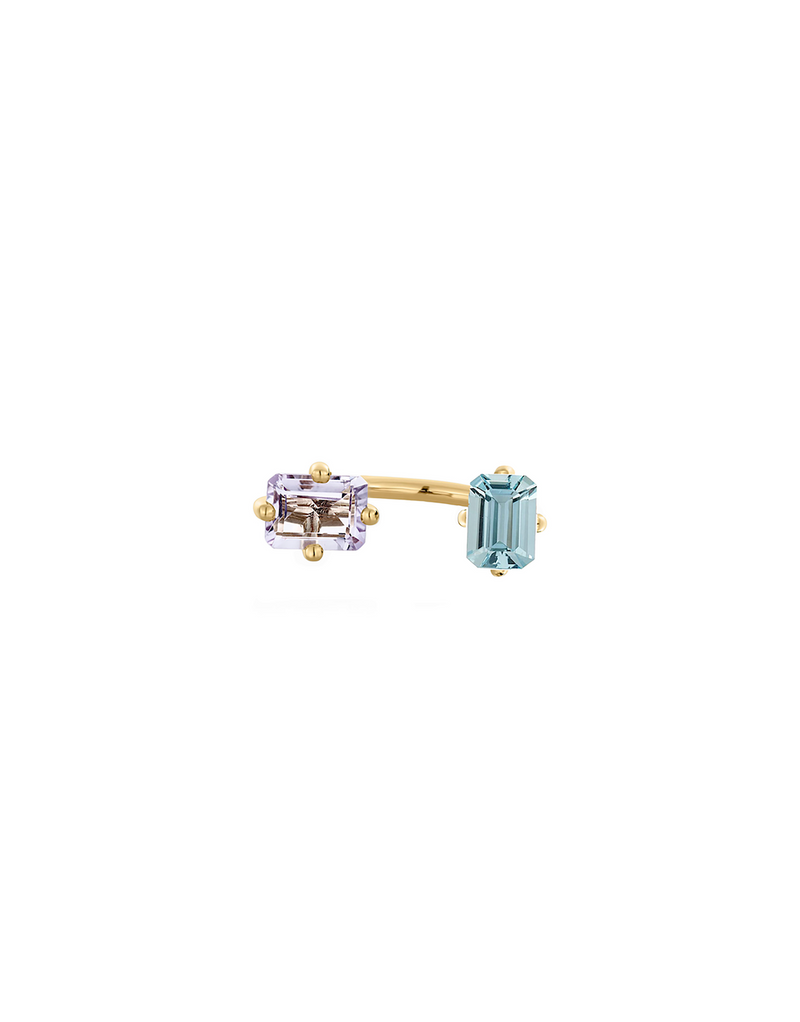 Double Octogone Ring in 9K yellow gold one light purple topaz and one light blue topaz by Nayestones, Belgian fine jewelry.  Nayestones