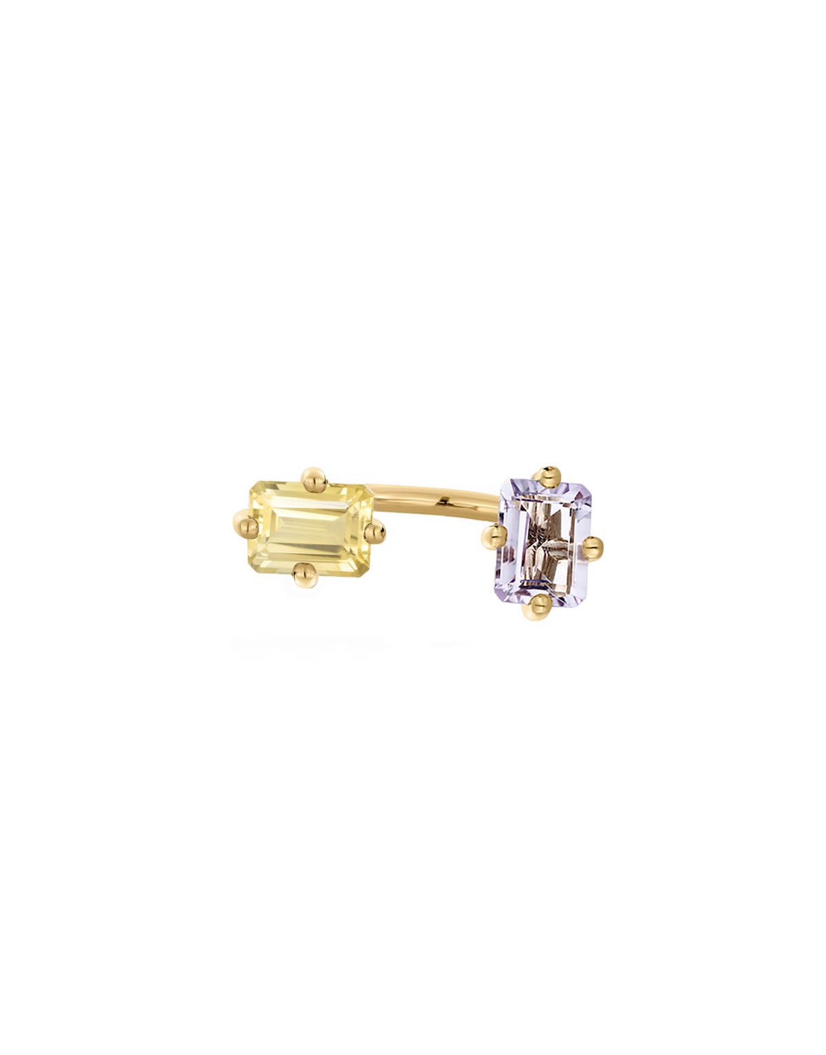 Double Octogone Ring in 9K yellow gold octagon-cut citrine and amethyst by Nayestones, Belgian fine jewelry.