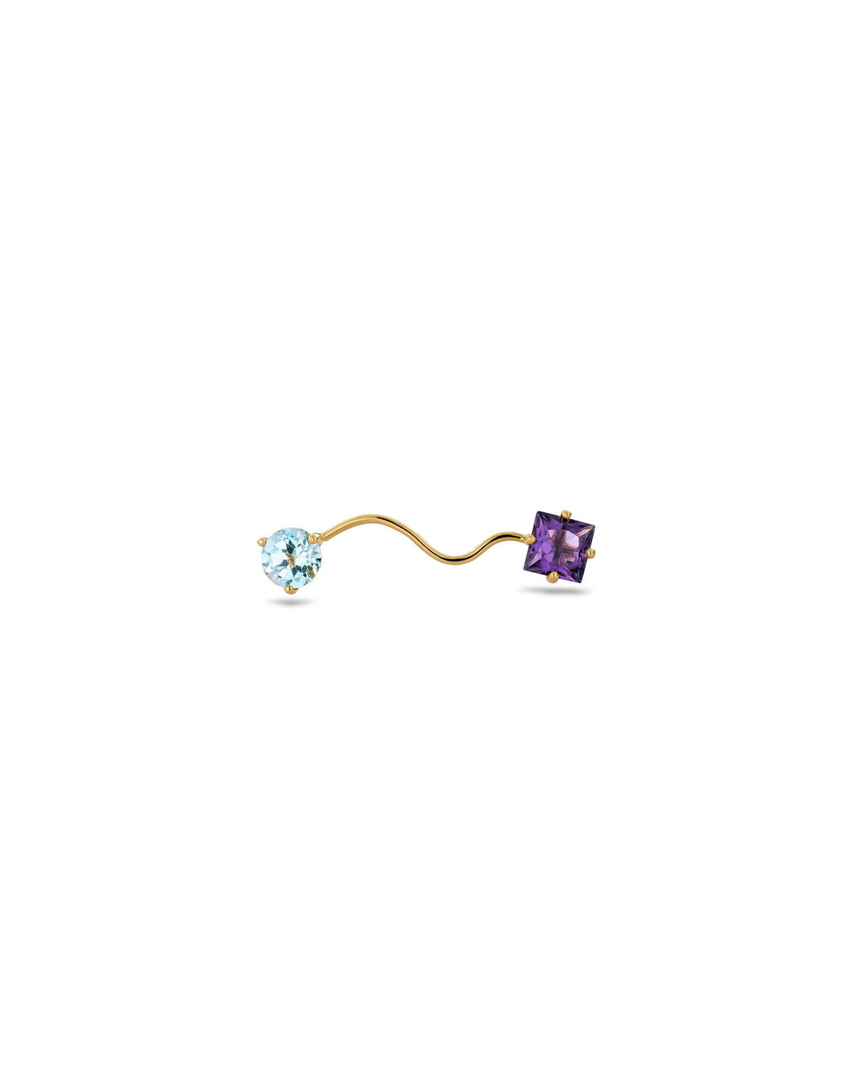 Eloise Earring in 18K yellow gold with one square cut purple amethyst and one light blue round topaz by Nayestones, Belgian fine jewelry.