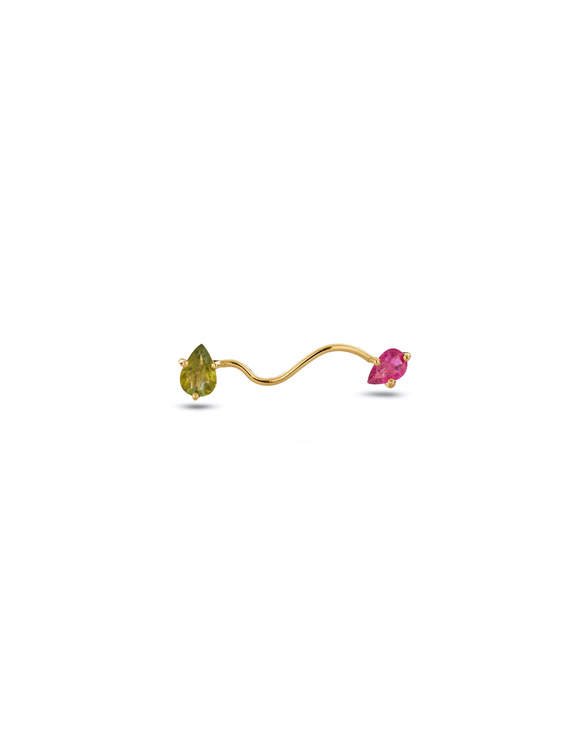 Eloise Earring in 18k yellow gold with one pear-cut Pink Tourmaline and one pear-cut Green Tourmaline by Nayestones, Belgian fine jewelry.