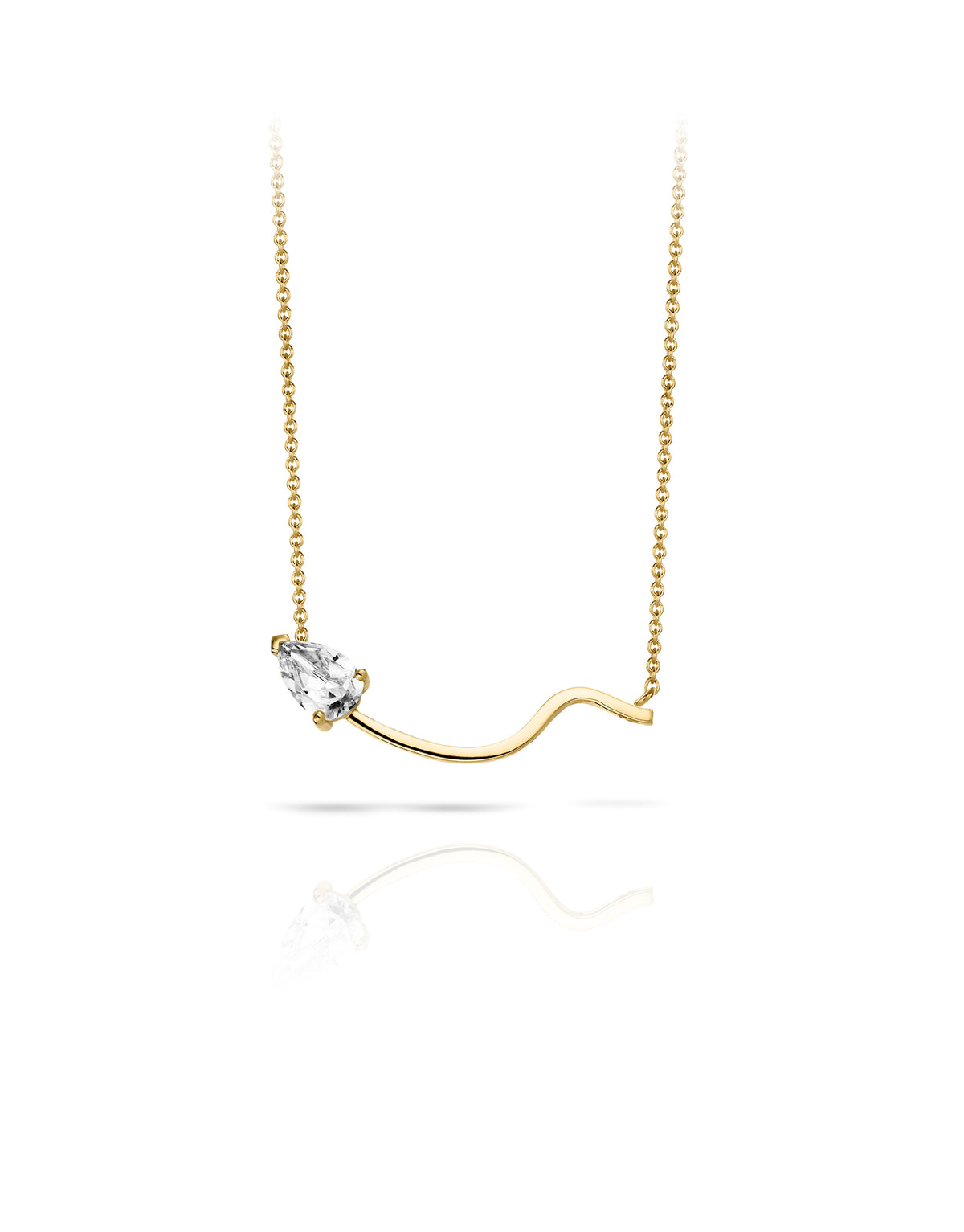 Lina Necklace in 18K yellow gold with a pear-cut white topaz by Nayestones, Belgian fine jewelry.