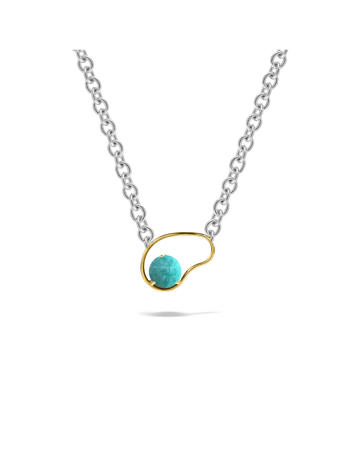 Neon Big Necklace in 9K yellow gold and 925 silver chain with an amazonite stone by Nayestones, Belgian fine jewelry.