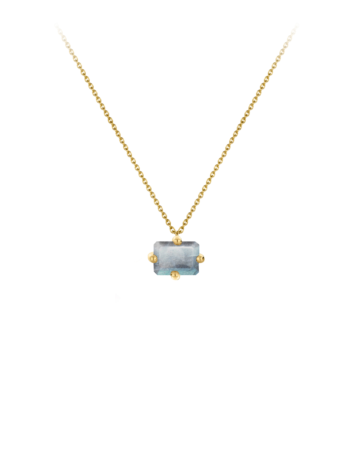 Signature octogone necklace in 9k yellow gold with an octagon-cut labradorite by Nayestones, Belgian fine jewelry.
