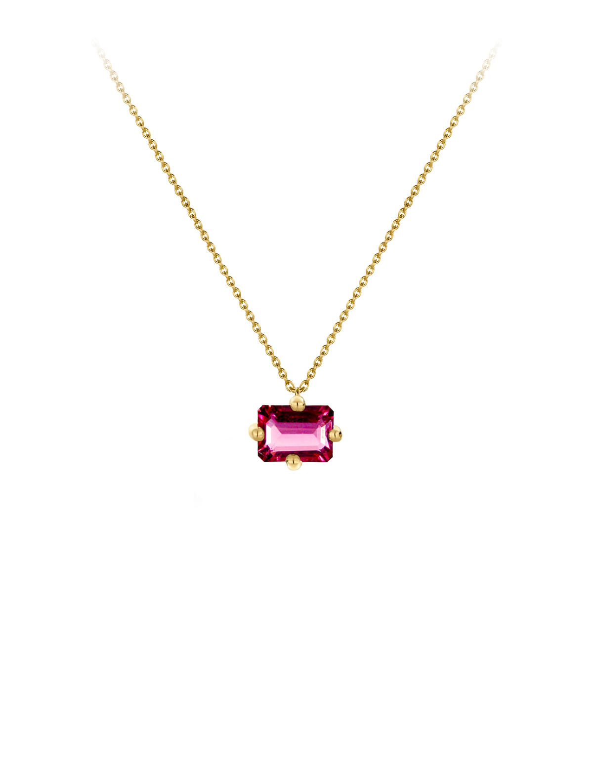Signature octogone necklace in 9k yellow gold with an octagon-cut rhodolite by Nayestones, Belgian fine jewelry.