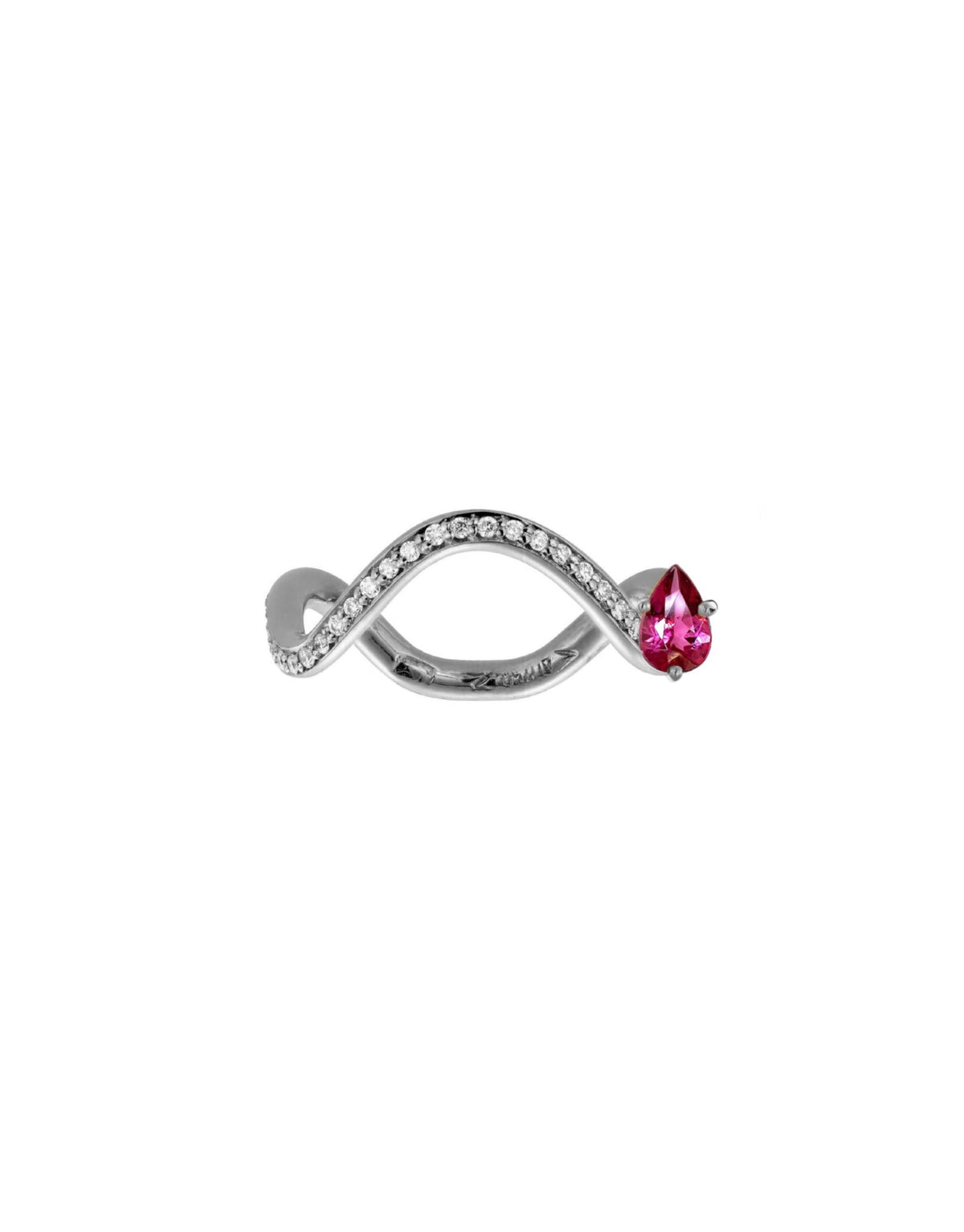 Petite Comete engagement ring in 18k white gold with a pear pink tourmaline by Nayestones, Belgian fine jewelry.