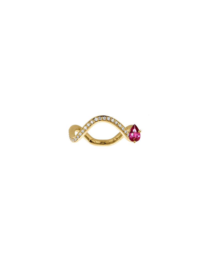 Petite Comete engagement ring in 18k yellow gold with a pear pink tourmaline by Nayestones, Belgian fine jewelry.  Nayestones