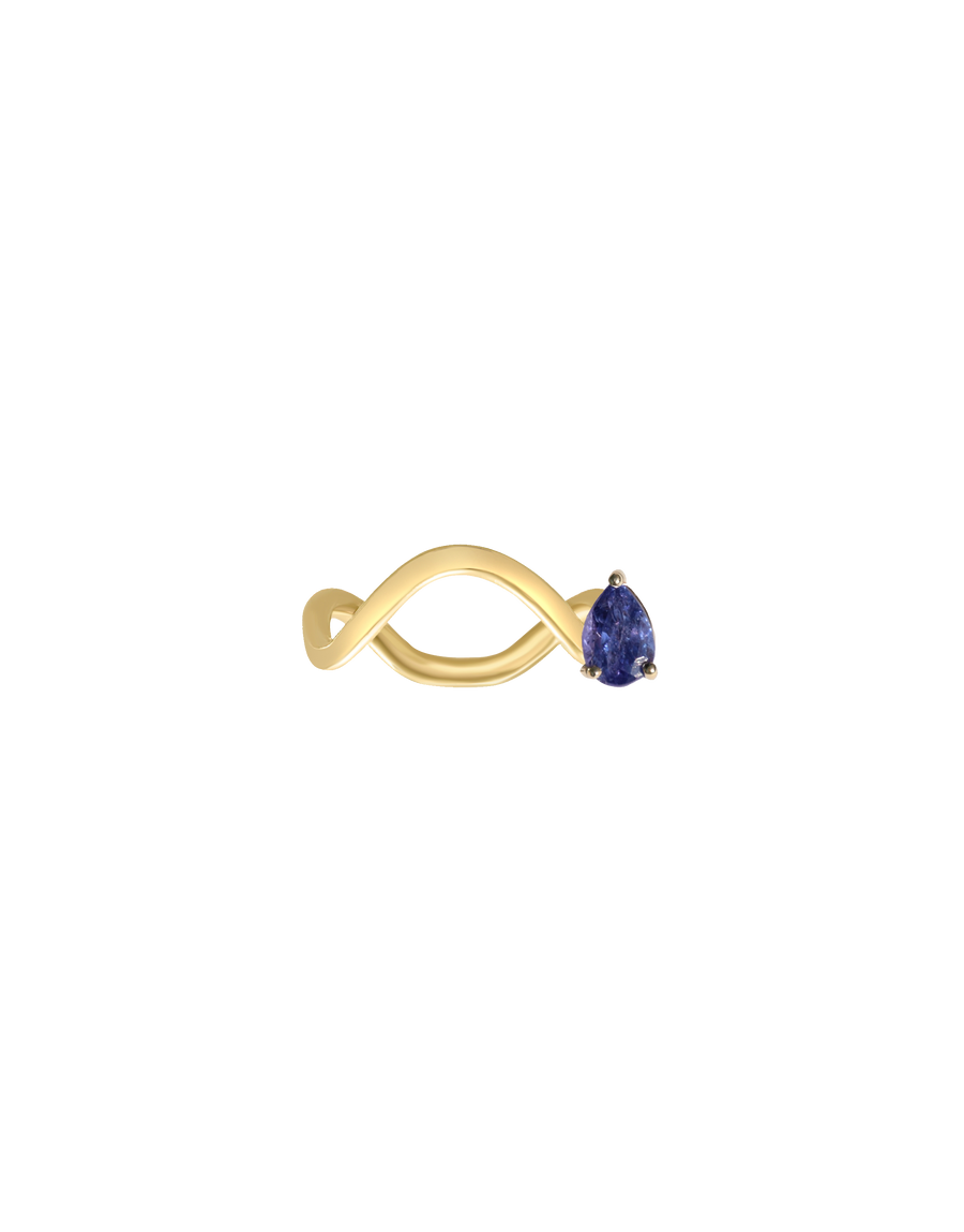 Nayestones Petite Comète Collection 9k Gold Ring with Wavy Design, adorned with a Tanzanite Pear-Cut Stone on the Right Side, handcrafted in Antwerp