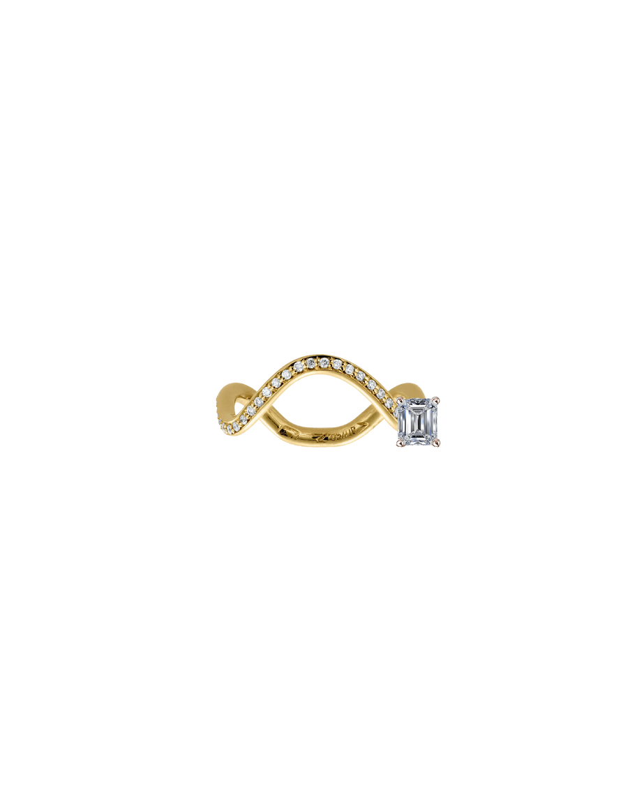  18K Recycled Gold Baguette Cut Diamond Solitaire Ring - Petite Comète Collection by Nayestones- Ethically Sourced White Diamonds - Unique Wavy Design - Versatile Wear Option