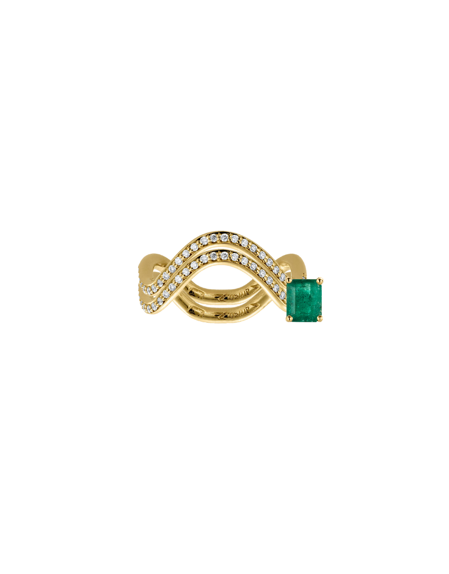 Double band petite comete ring with pave setting diamonds on band and off center baguette cut Emerald by Nayestones made in Antwerp