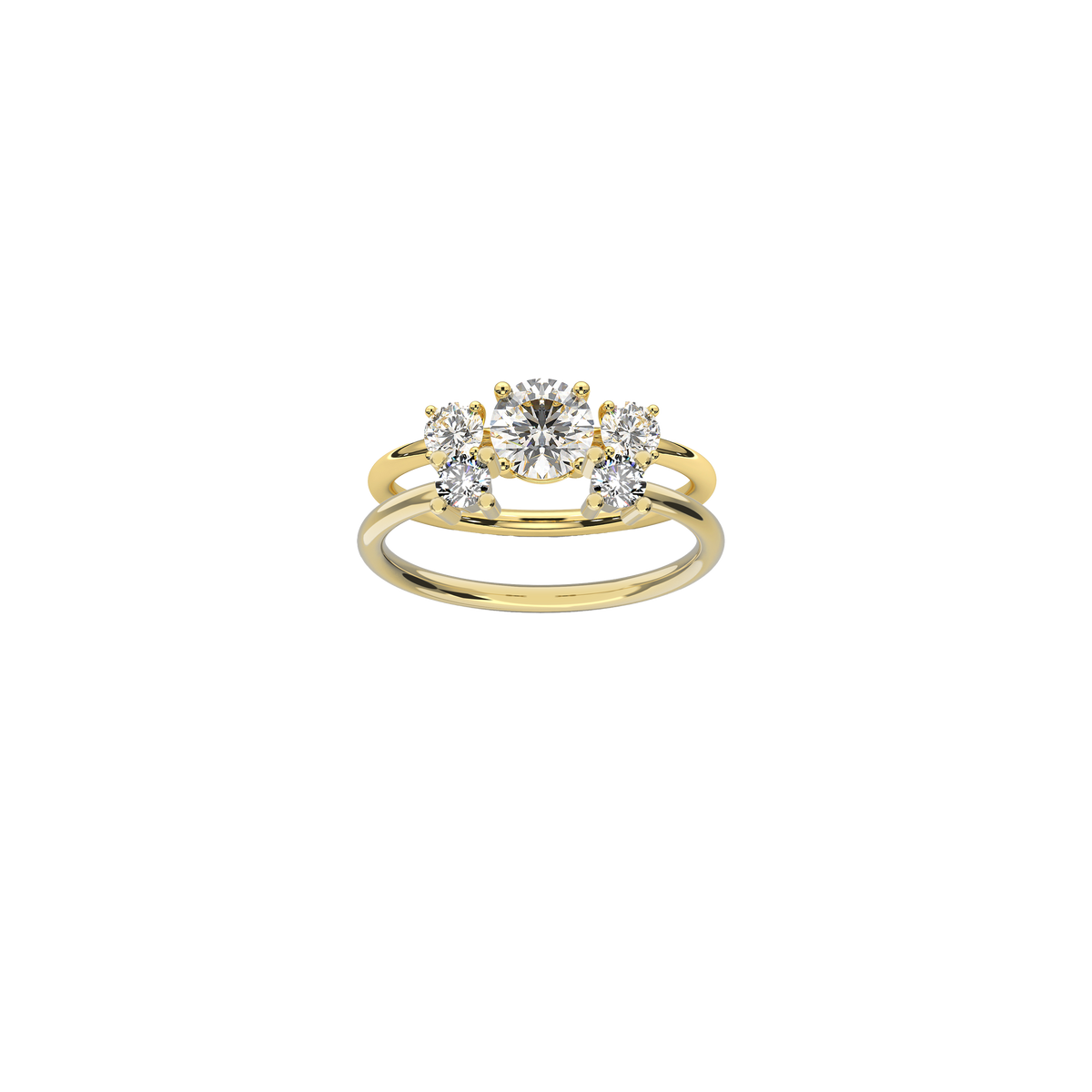 Trilogy Double Brilliant engagement ring set in 18K yellow gold, with a 0.75 carat diamond center stone, flanked by two 0.20 ct diamonds on each side by Nayestones, Belgian fine jewelry.