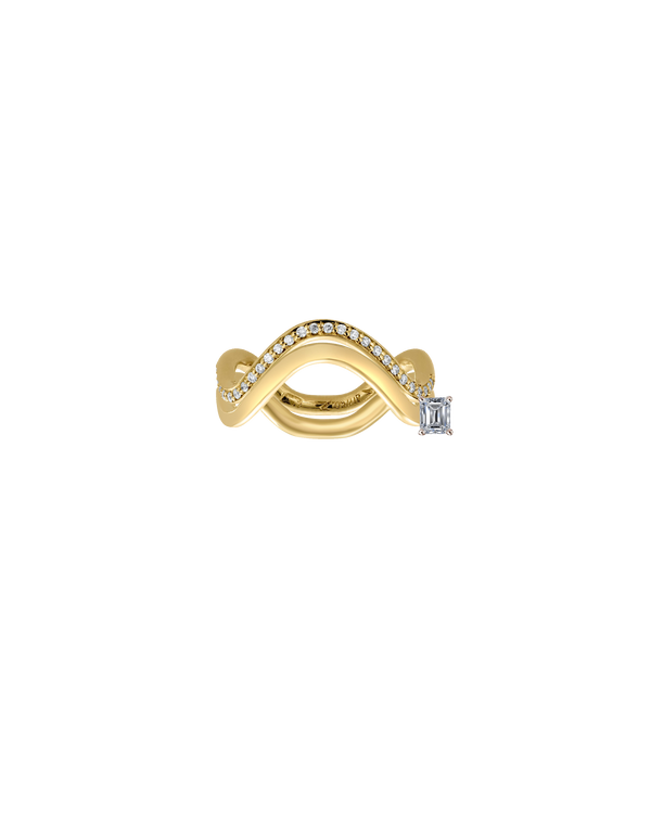 Double band - petite collection- offcenter baguette diamond and pave setting on top band - made in 18k recycled gold in Antwerp