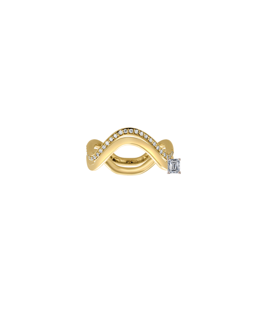 Double band - petite collection- offcenter baguette diamond and pave setting on top band - made in 18k recycled gold in Antwerp