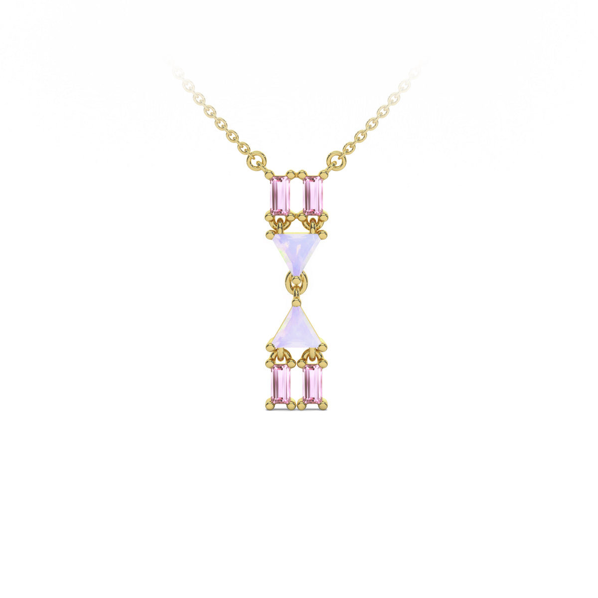 Atlante Vertical Necklace in 18k yellow gold with two trillion-cut opal and four baguette-cut pink tourmalines.