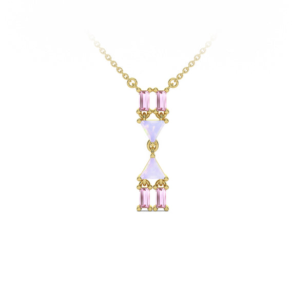 Atlante Vertical Necklace in 18k yellow gold with two trillion-cut opal and four baguette-cut pink tourmalines. Nayestones