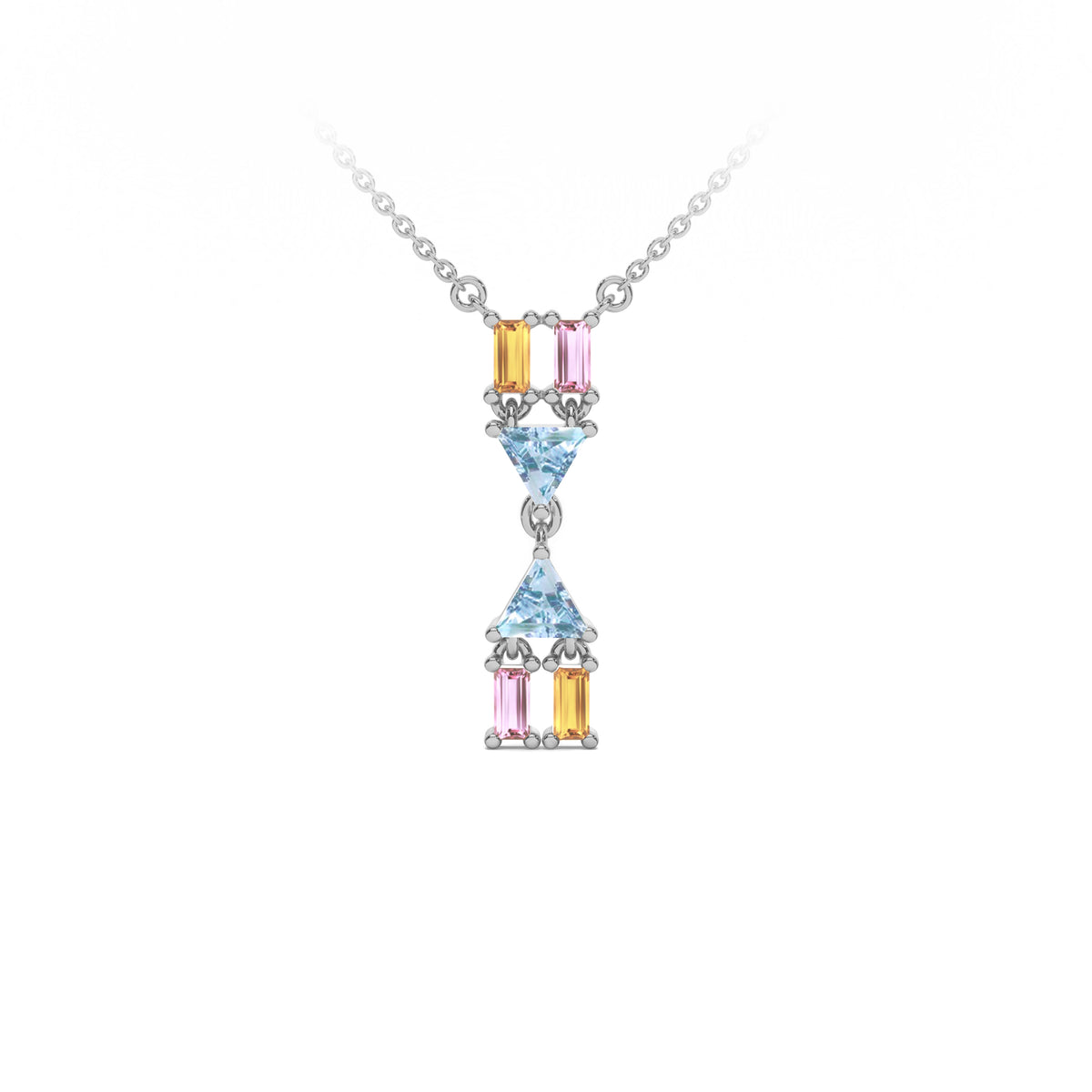 Atlante Vertical Necklace in 18k white gold with two trillion-cut light blue topaz, two baguette-cut citrines, and two baguette-cut pink tourmalines.