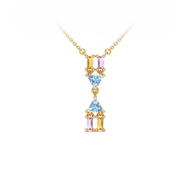 Atlante Vertical Necklace in 18k yellow gold with two trillion-cut light blue topaz, two baguette-cut citrines, and two baguette-cut pink tourmalines. Nayestones