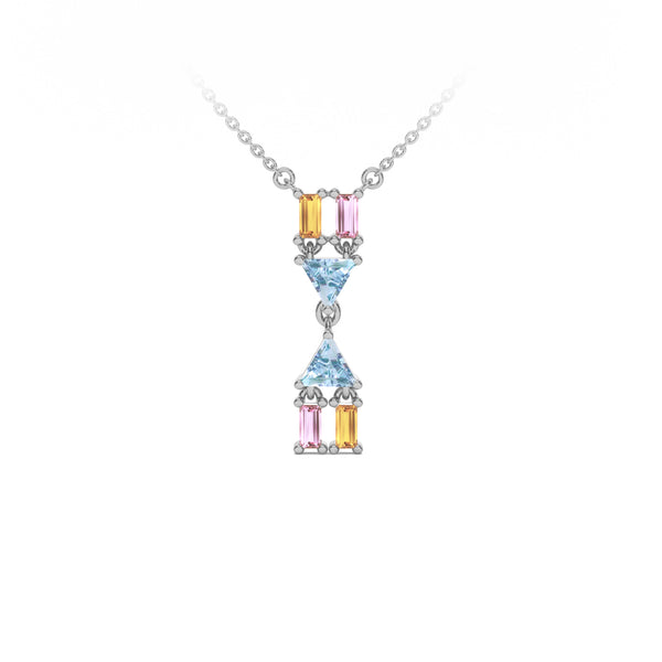 Atlante Vertical Necklace in 18k white gold with two trillion-cut light blue topaz, two baguette-cut citrines, and two baguette-cut pink tourmalines. Nayestones