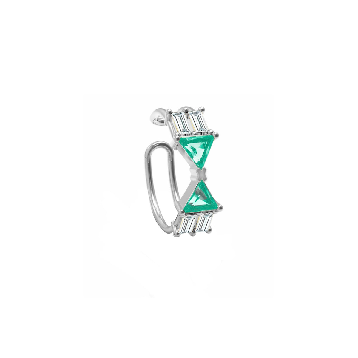 Alante Ear Cuff in 18k white gold and 2 trillion-cut emerald stones and 4 baguette-cut diamond by Nayestones, Belgian Fine Jewelry. 