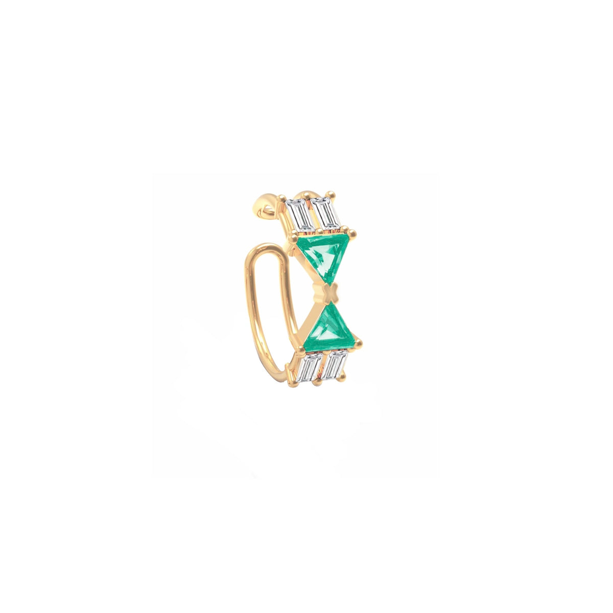 Alante Ear Cuff in 18k yellow gold and 2 trillion-cut emerald stones and 4 baguette-cut diamond by Nayestones, Belgian Fine Jewelry. 