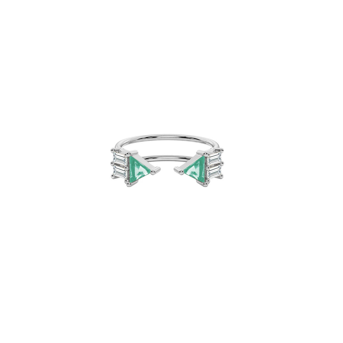 Atlante Ring in 18k white gold two trillion cut diamonds and four baguette-cut diamonds by Nayestones, Belgian fine jewelry. 