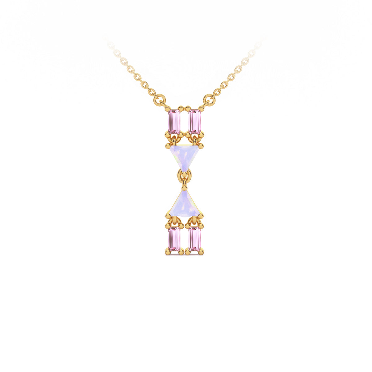 Atlante Vertical Necklace in 18k pink gold with two trillion-cut opal and four baguette-cut pink tourmalines.