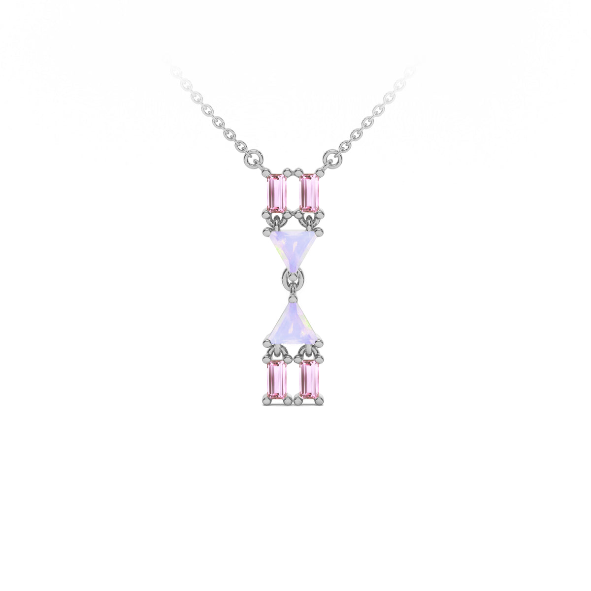 Atlante Vertical Necklace in 18k white gold with two trillion-cut opal and four baguette-cut pink tourmalines. 