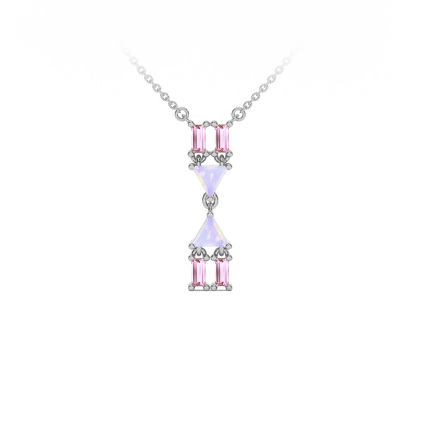 Atlante Vertical Necklace in 18k white gold with two trillion-cut opal and four baguette-cut pink tourmalines.  Nayestones