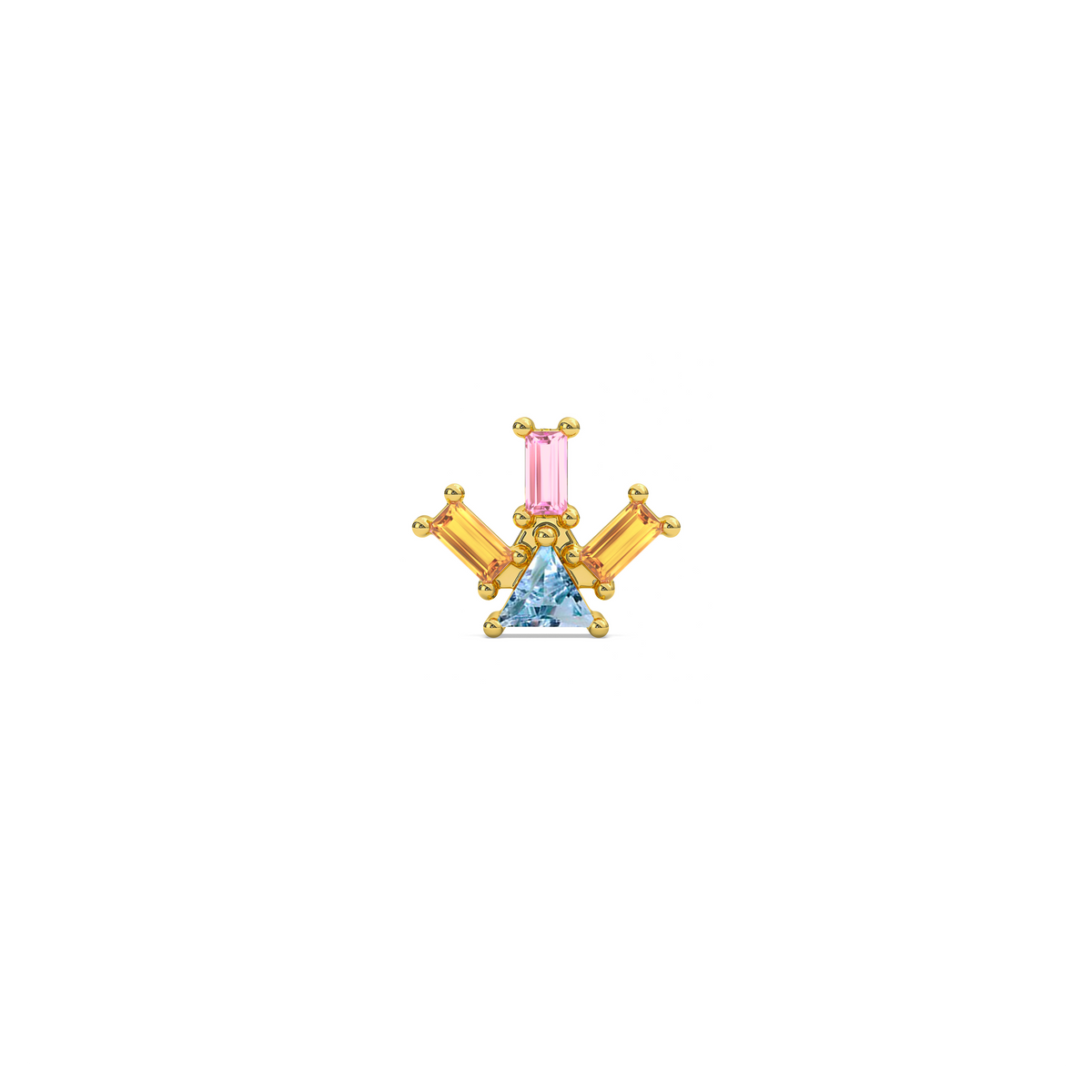 Atlante Pyramid Ray stud earring 18k yellow gold with one trillion-cut blue light topaz, two citrines, and a single pink tourmaline baguette by Nayestones, Belgian Fine Jewelry.