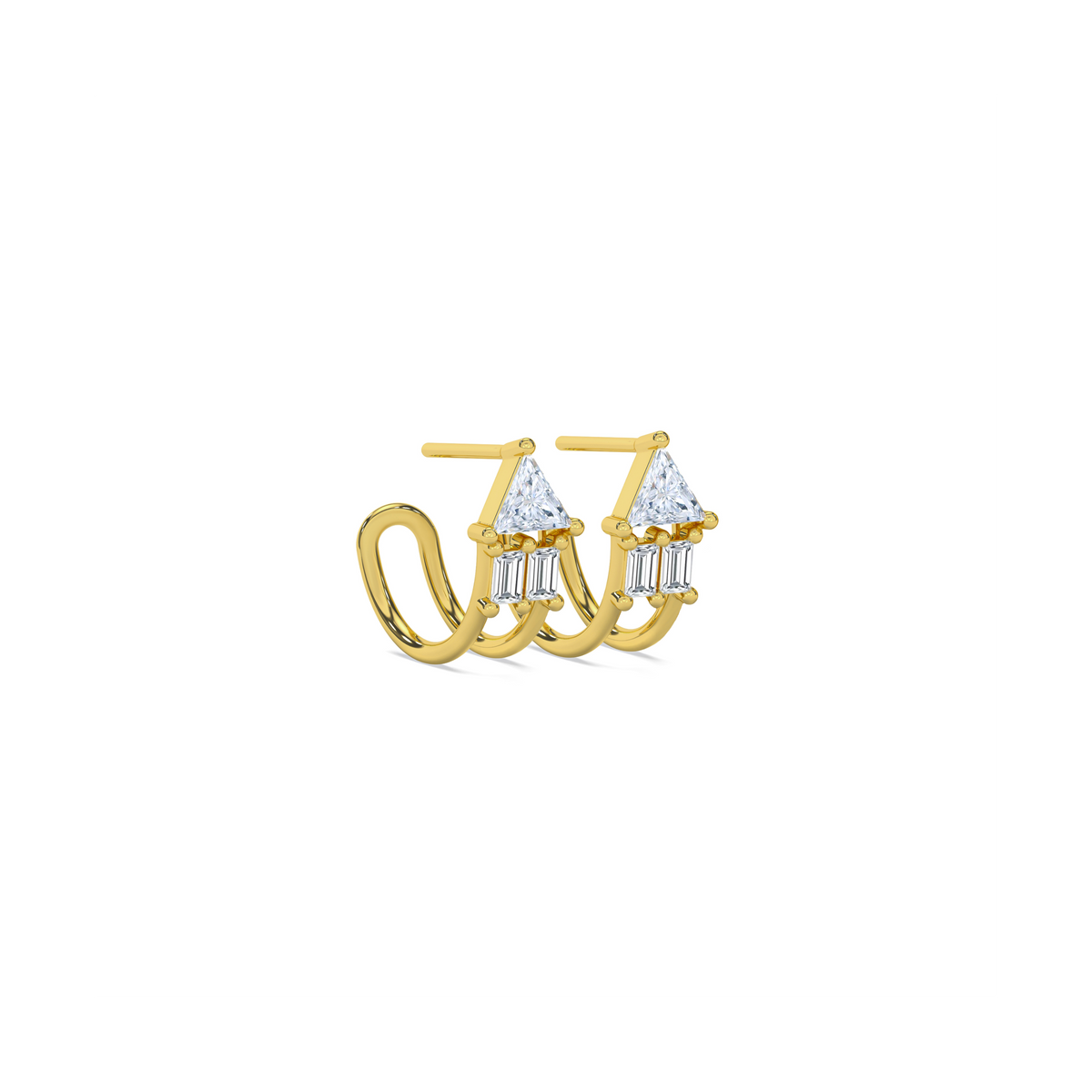 Atlante earrings in 18k yellow gold with a trillion-cut diamond and two baguette-cut diamonds by Nayestones, Belgian Fine Jewelry.