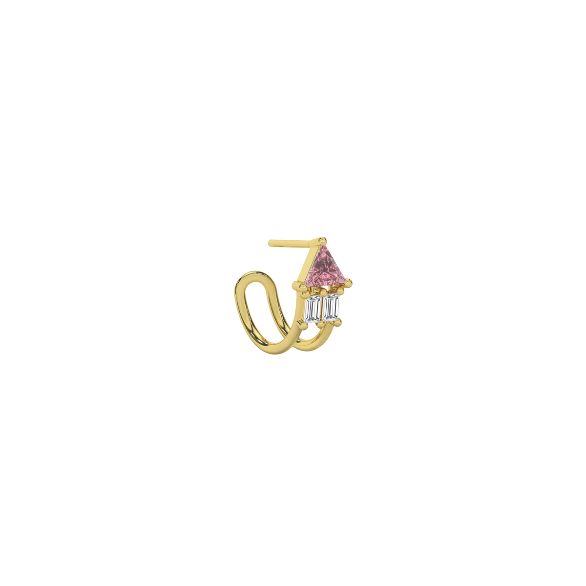 Atlante Earring in 18k yellow gold with 1 trillion-cut pink tourmaline and two baguette-cut diamonds by Nayestones  Belgian fine jewelry. 