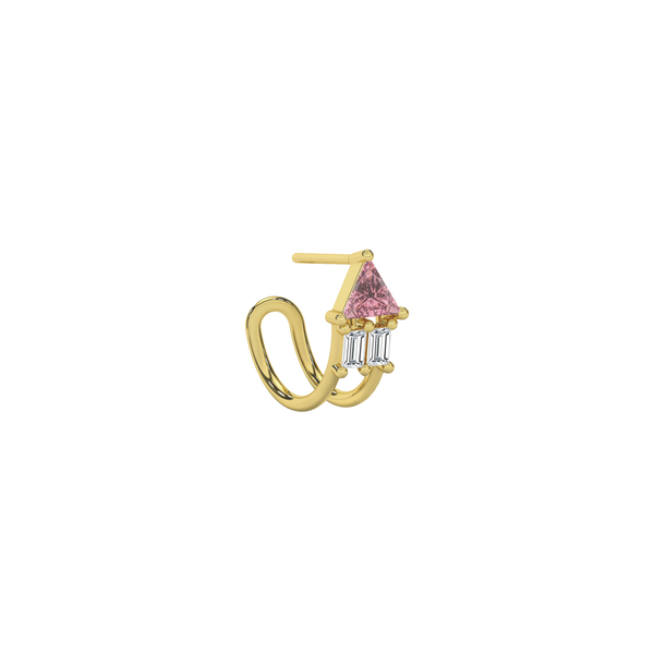 Atlante Earring in 18k yellow gold with 1 trillion-cut pink tourmaline and two baguette-cut diamonds by Nayestones  Belgian fine jewelry.  Nayestones