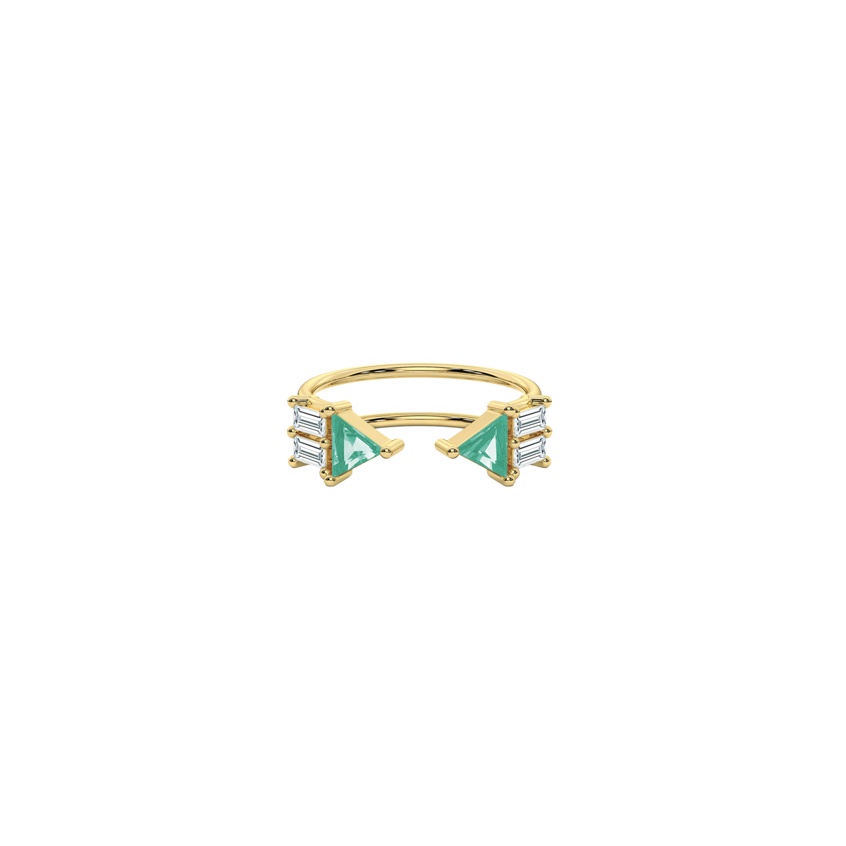 Atlante emerald ring in 18k gold with 2 trillion cut emerald stones and four white diamond baguettes by Nayestones, Belgian fine jewelry