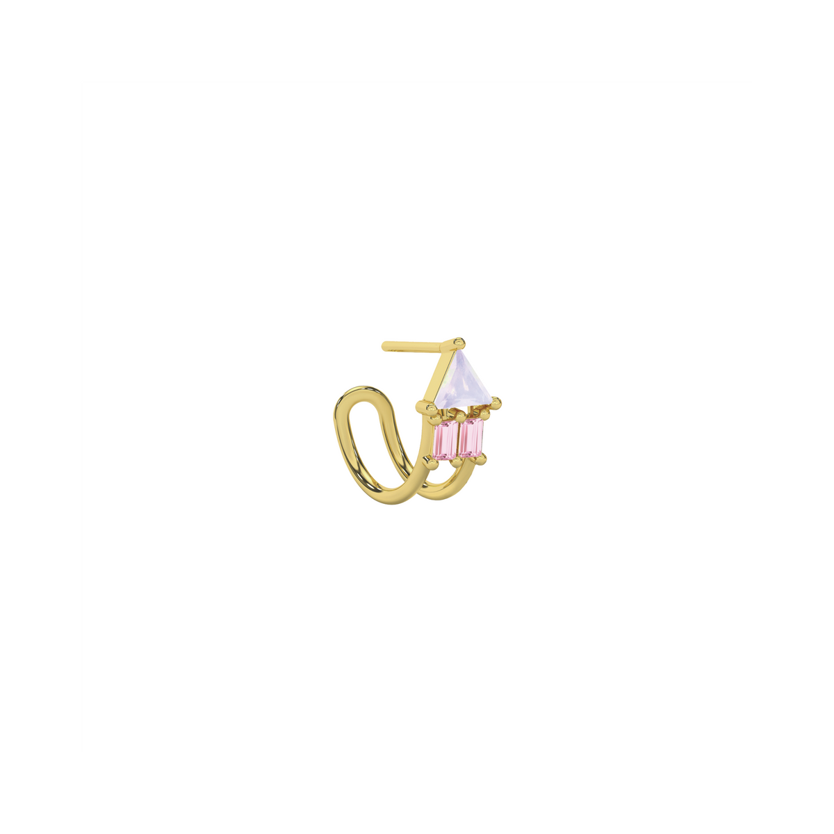 Atlante earrings in 18k yellow gold with a single triangle opal and two pink tourmaline baguettes by Nayestones, Belgian fine Jewelry.