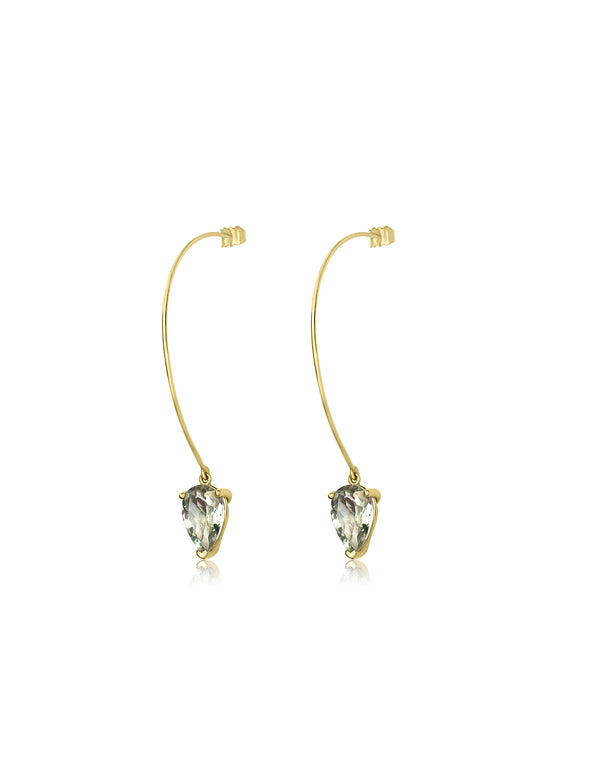 Nayestones, 9K Yellow Gold Earrings featuring a 2.98ct Pear-Cut Light Green Amethyst, dangling elegantly at 8.5cm.