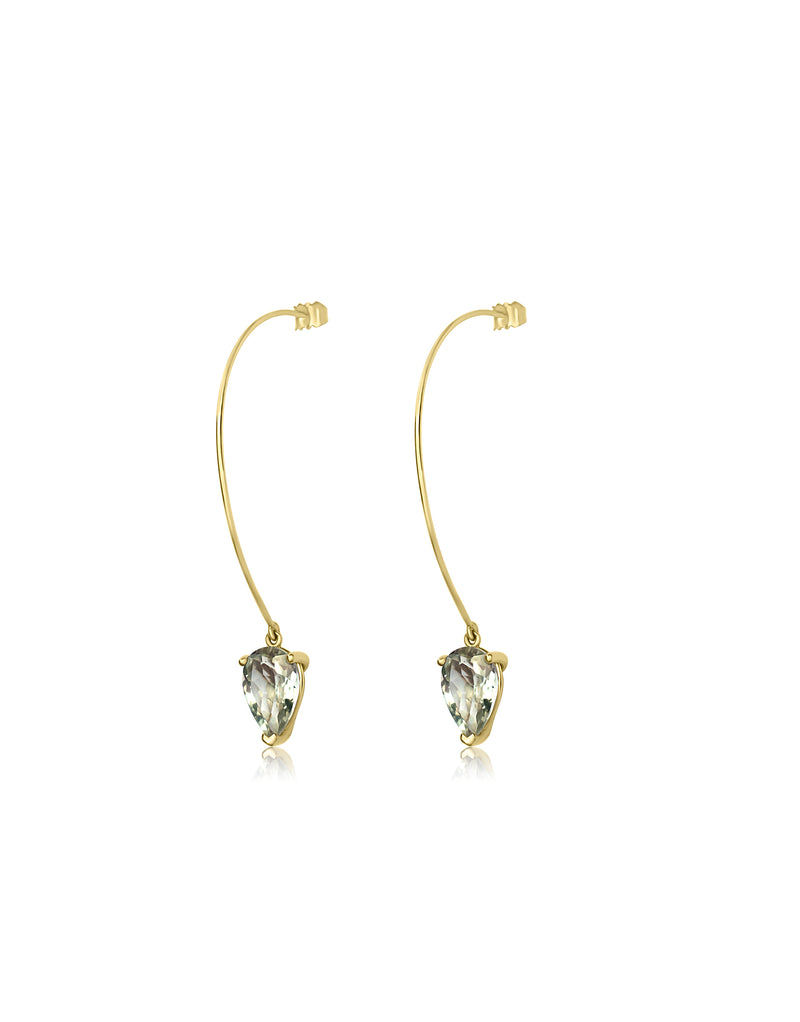 Nayestones, 9K Yellow Gold Earrings featuring a 2.98ct Pear-Cut Light Green Amethyst, dangling elegantly at 8.5cm. Nayestones