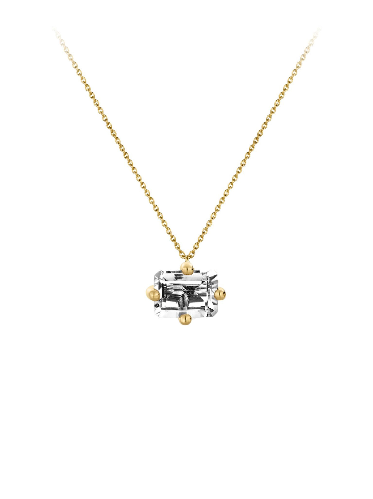 Collier Signature Big Octogone en or jaune 9 carats avec une topaze blanche taille octogonale de Nayestones, joaillerie belge de haute qualité.  