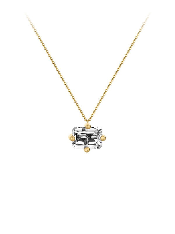 Signature Big Octogone Necklace in 9k yellow gold with an octagon-cut white topaz by Nayestones, Belgian fine jewelry.   Nayestones