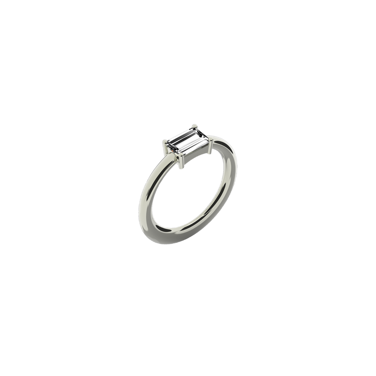 Moon Engagement Ring in 18k white gold with a 0.75 carats baguette-cut diamond by Nayestones, Belgian Fine Jewelry. 