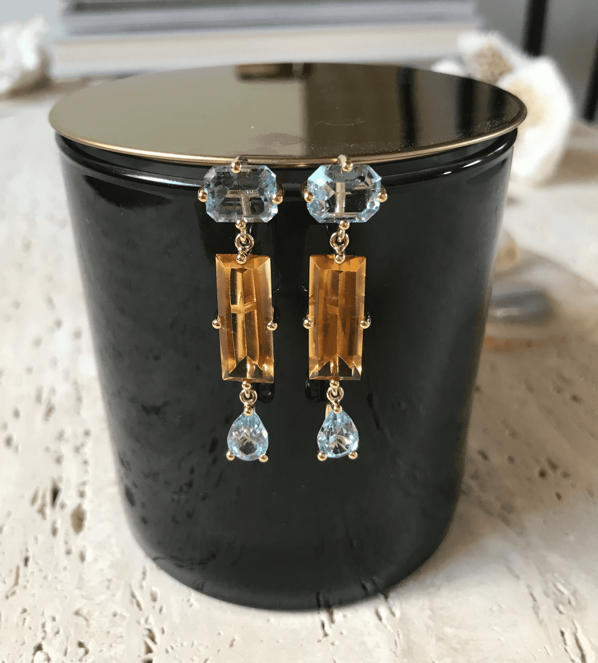 CUSTOM EARRINGS STONES - The Octagonal Brazilian Radiance  This exquisite pair of earrings has been custom-designed with attention to every detail. The client entrusted her precious gemstones, brought back from a trip to Brazil by a loved one. This piece of jewelry embodies multiple facets, reflecting a unique identity.