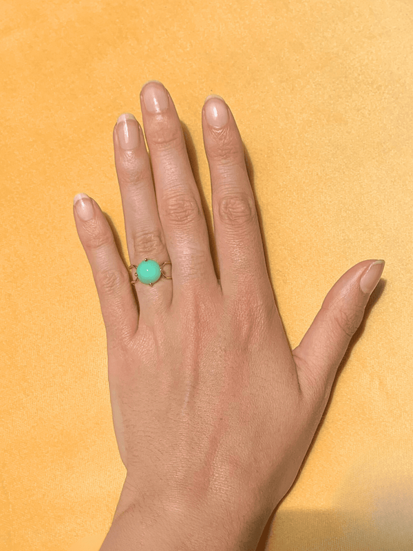 Metal: 14K sustainable yellow, white or pink gold Stone: malachite, morganite, chalcedony, opal, lapis lazuli, chrysoprase, rhodocrosite (oval), turquoise. This ring can be worn as much on a daily basis as for a special occasion as it elegantly wraps around any finger of the hand.  Nayestones