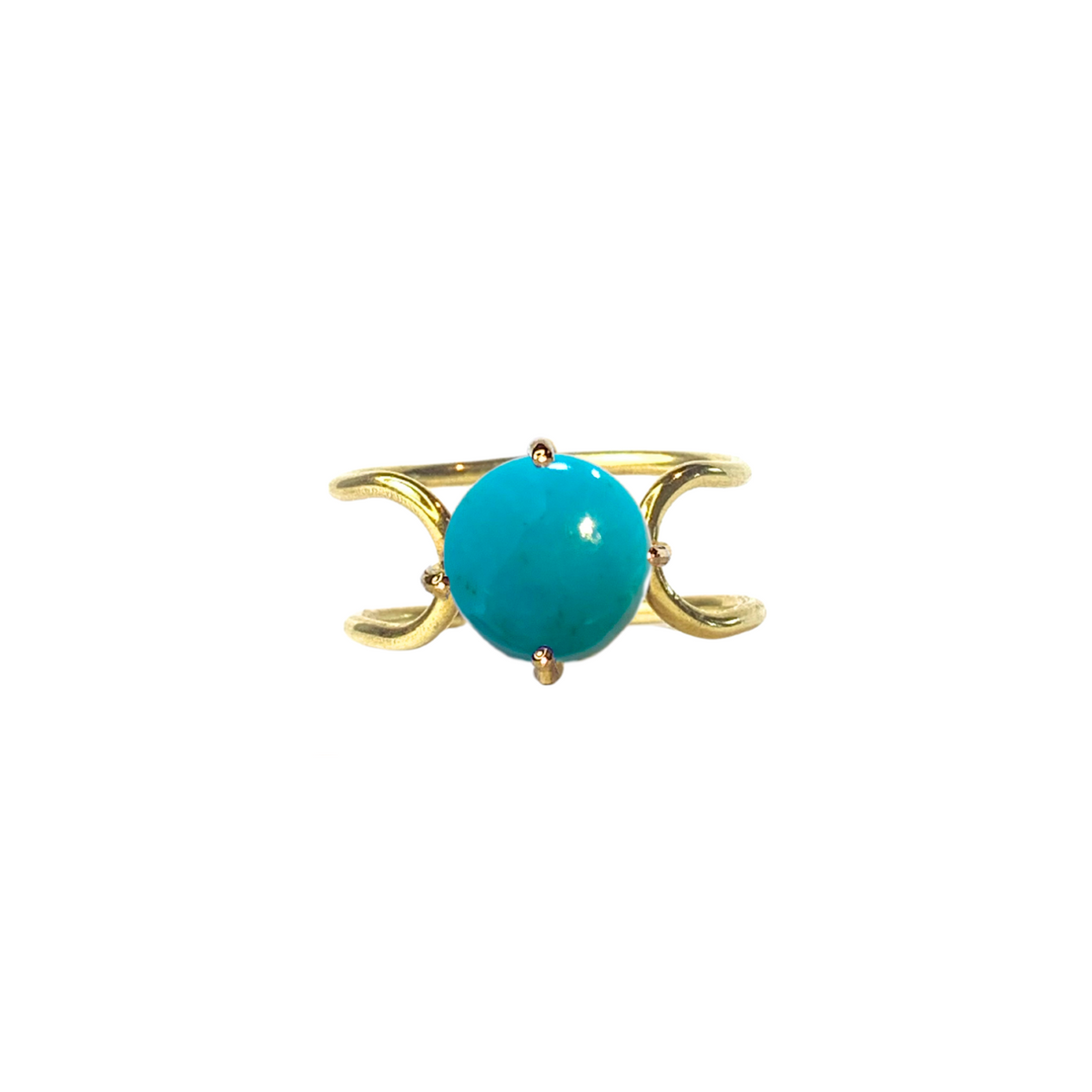 Double C small cabochon in 14k yellow gold with a round cut turquoise stone by Nayestones, Belgian Fine Jewelry. 
