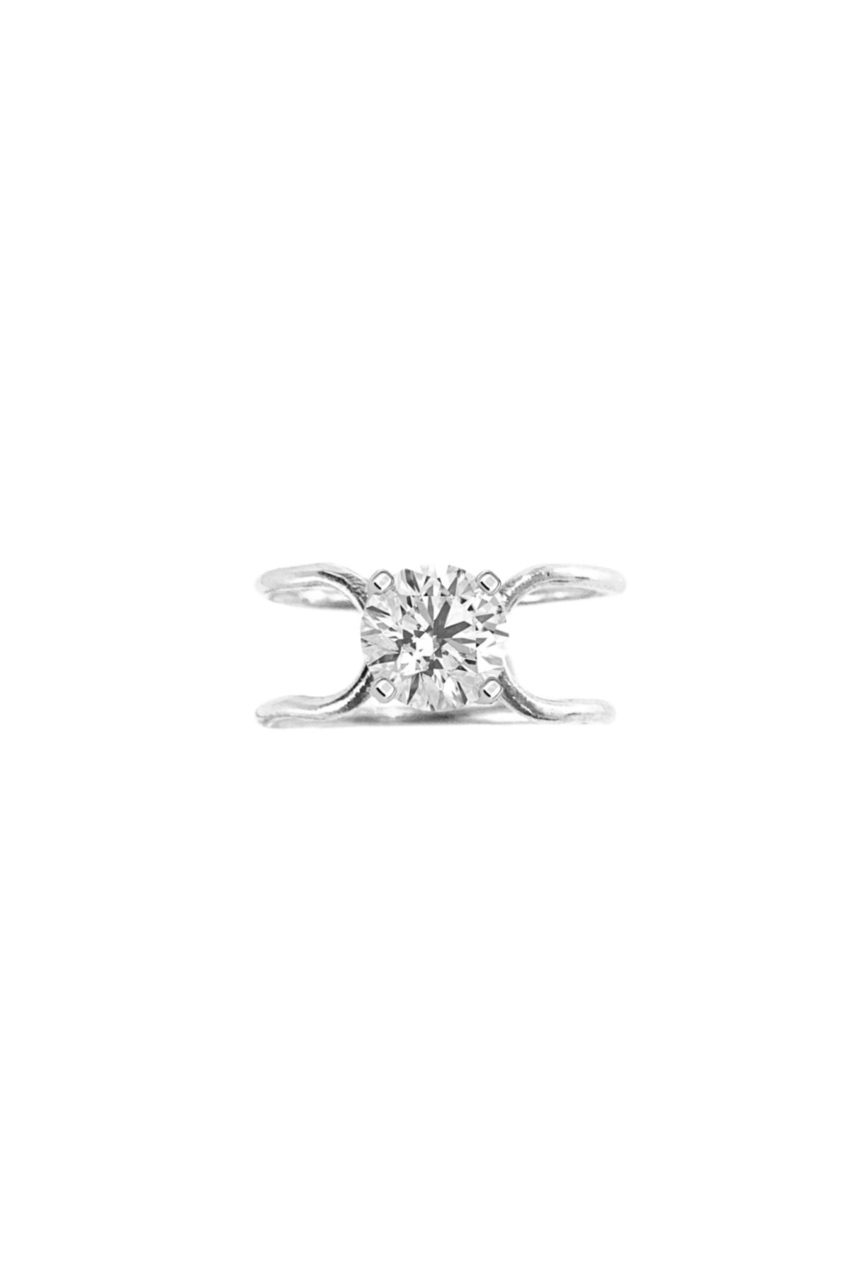 Double C Solitaire Diamond Ring in 18k white gold with a 1ct round-cut diamond by Nayestones, Belgian Fine Jewelry.