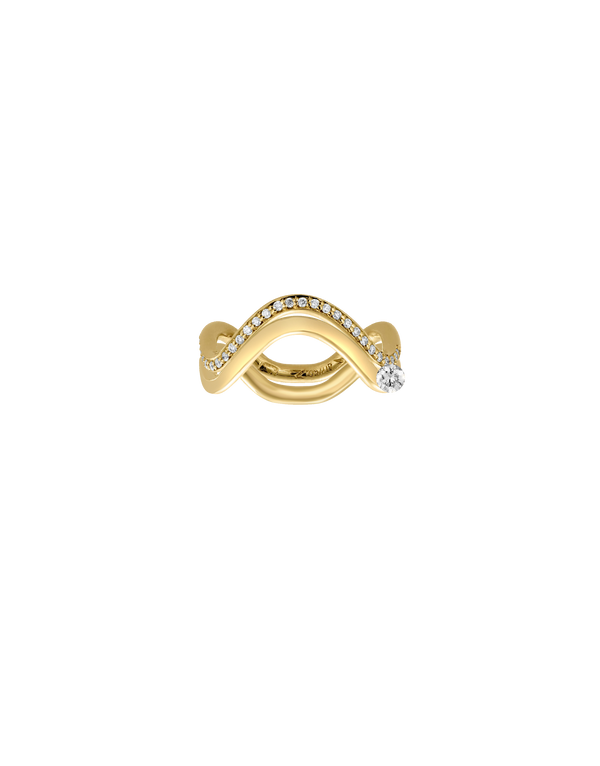 Double Petite Comète ring in 18k yellow gold with a 0.25 ct round brilliant diamond, ideal for stacking. Modern engagement jewelry by Nayestones, Belgian fine jewelry. Nayestones