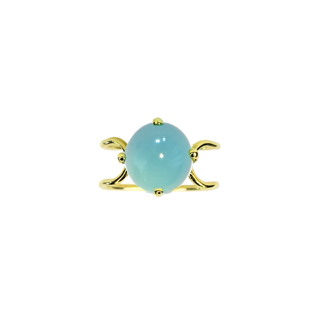 Double C Big Cabochon Ring in 14k yellow gold with a round cut Chalcedony stone by Nayestones, Belgian Fine Jewelry. 